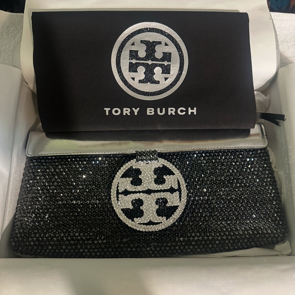 Tory Burch Silver and Black Crystal Clutch